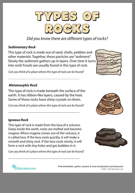types of rock worksheet answers